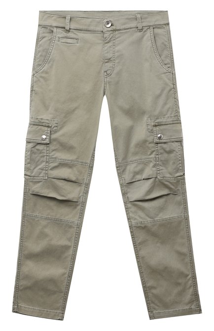 Детские хлопковые брюки-карго BRUNELLO CUCINELLI хаки цвета, арт. B289LP102C | Фото 1 (Материал внешний: Хлопок; Случай: Повседневный)