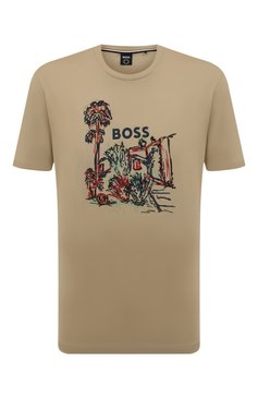 Мужская хлопковая футболка BOSS бежевого цвета, арт. 50478229 | Фото 1 (Рукава: Короткие; Длина (для топов): Стандартные; Принт: С принтом; Материал внешний: Хлопок; Стили: Кэжуэл)