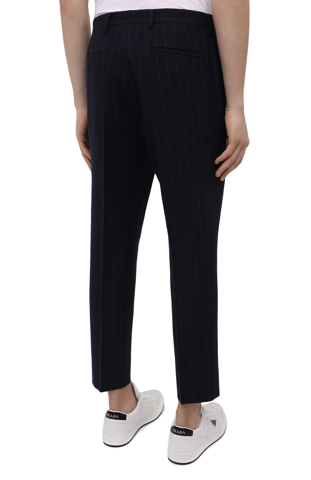 Мужские шерстяные брюки PRADA темно-синего цвета, арт. UP0147-1ZCX-F0008-212 | Фото 4 (Материал внешний: Шерсть; Длина (брюки, джинсы): Стандартные; Случай: Повседневный; Стили: Кэжуэл)
