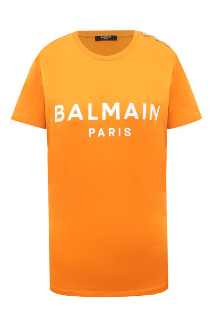 Женская хлопковая футболка BALMAIN оранжевого цвета, арт. AF1EF005BB02 | Фото 1 (Длина (для топов): Стандартные; Рукава: Короткие; Материал внешний: Хлопок; Принт: С принтом; Женское Кросс-КТ: Футболка-одежда; Стили: Спорт-шик)