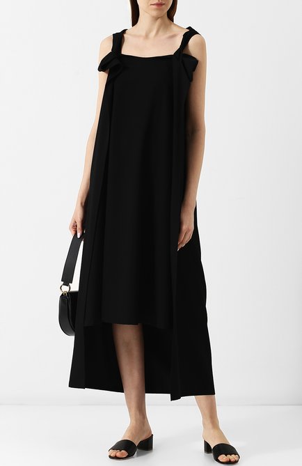 Женское однотонное шерстяное платье-миди свободного кроя  YOHJI YAMAMOTO черного цвета, арт. NW-D18-100 | Фото 2 (Длина Ж (юбки, платья, шорты): Миди; Материал внешний: Шерсть; Рукава: Без рукавов, Короткие; Статус проверки: Проверено, Проверена категория; Случай: Повседневный; Женское Кросс-КТ: Платье-одежда)