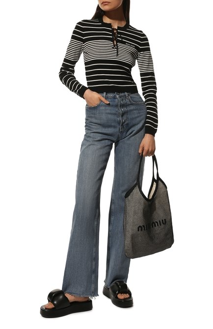 Женские кожаные шлепанцы MIU MIU черного цвета, арт. 5XX550-038-F0002-045 | Фото 2 (Материал внешний: Кожа)